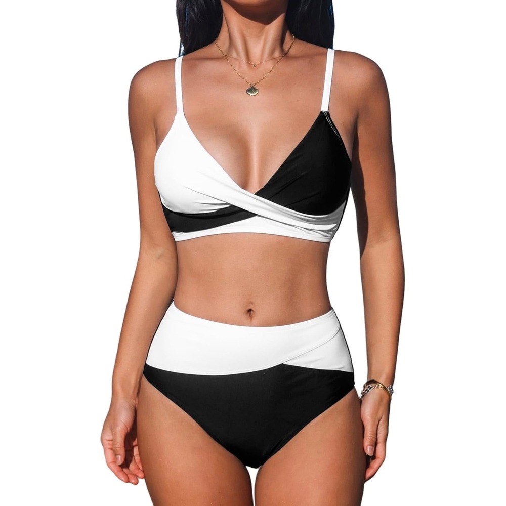 Cupshe Womens Black White Colorblock Twist Front High Waisted Bikini Set Size S